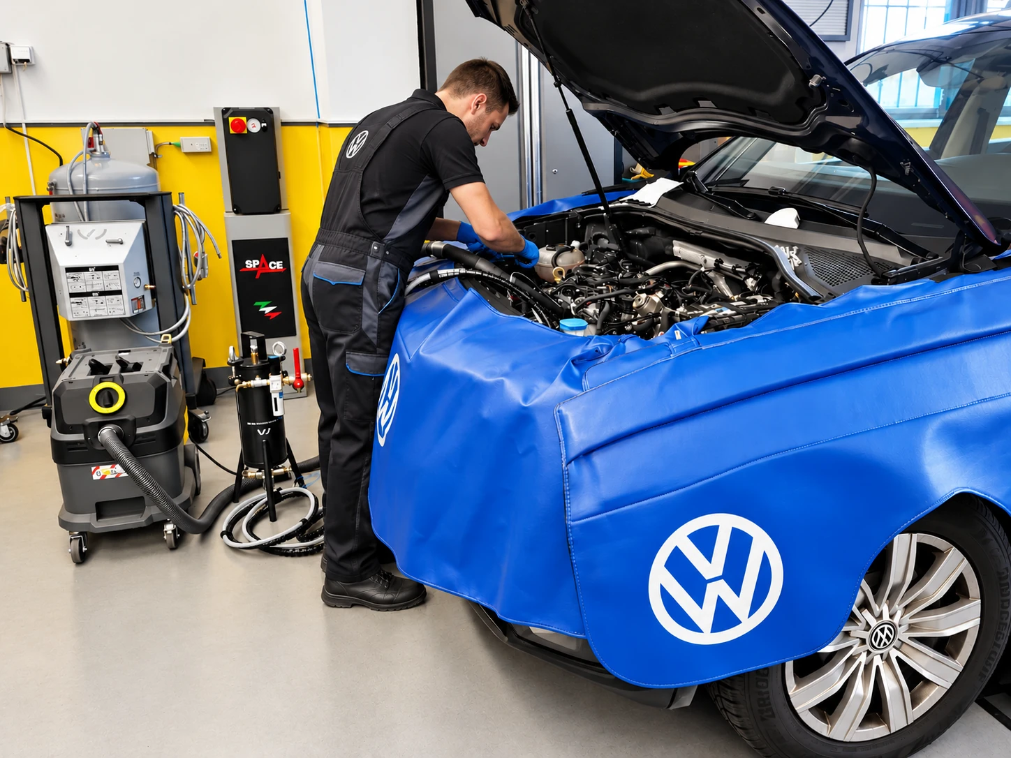 Motordekarbonisierung – Mechaniker bei der Arbeit Ein Mechaniker, der während der Dekarbonisierung am Motor des blauen Volkswagen arbeitet