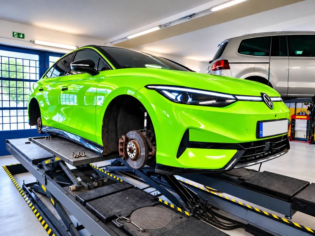 Volkswagen na servisním zvedáku – kontrola brzd a podvozku v J&S SERVIS